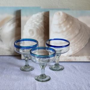 Handblown Blue Rimmed Margarita Glasses